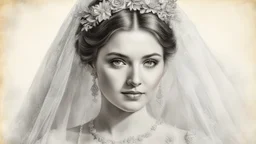 old postcard, white background, bride, pencil drawing, 3d, 64k, high resolution, high detail, computer graphics, hyperrealism, f/16, 1/300 sec. digital painting, double exposure,