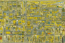 A light yellow electrical Egyptian city designed in Australian aboriginal art painted by Jackson Pollock