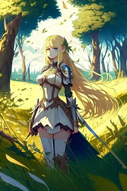Anime, blonde girl in medieval clothing in large field in the middle of the forest, HD, extreme detail