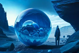 Blue transparent sphere seeing by a person, in the rocky alien landscape, infinite.