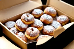 a box of fresh old-fashioned mini doughnuts completely covered in powdered sugar