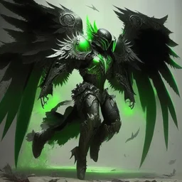 armadura verde y negra con alas de angel, aterrisando fuertemente