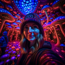 AI hippie selfie in dark twisted psychedelic fluorescent mushroom concert hall , photo-realistic, shot on Hasselblad h6d-400c, zeiss prime lens, bokeh like f/0.8, tilt-shift lens 8k, high detail, smooth render, down-light, unreal engine, downlight