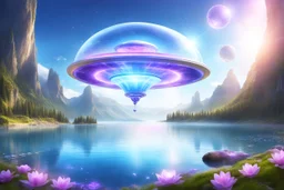 a flying saucer made of light and bright over a magic landscape with fairy nature and crystal lake