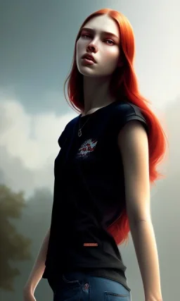 girl, cute, beautiful, red hair, black backwards cap, white tee shirt, long hair, head and shoulders portrait by Greg Rutkowski