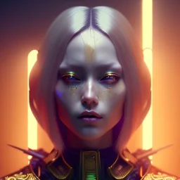 caucasian Woman, gold hair, gold eye line, samurai, cyberpunk, neon, highly detailed, art stations, concept art, smooth, unreal engine 5, god rays, ray tracing, RTX, lumen lighting, ultra detail, volumetric lighting, 3d, finely drawn, high definition, high resolution, gradient background