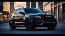 "Create a stunning visual of a 2024 Chrysler 300C SUV edition, emphasizing its sleek and powerful design. The SUV should have a bold front grille with chrome accents, sharp LED headlights, and a wide stance. The body should be painted in a glossy jet black finish with subtle silver trim, giving it a luxurious and commanding presence. The wheels should be large, polished black alloy rims with low-profile tires, adding to its aggressive look. The scene is set in a modern urban environment at dusk,