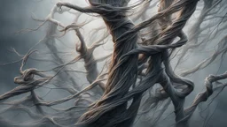 Multiple entanglements between a twisted thin piece of cloth as part of many twisted and spiraling branches disappearing into the distant mist, epic photo, sharp on highly detailed skin with wrinkles and high contrast, photorealistic, 4K, 3D, realism, hyperrealism, detail, good lighting, detailed texture, modern photography style, 3D, 4D, 4K --2:3