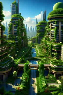 A metropolis with lots of plants and gardens