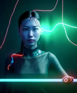 Ultra realistic photographic night portrait, cinematic, <big cyber eye><Asian woman> <hanging wires> <retro computer screen> many wires coming out of the head <perfect pupil> <cyborg arm> <garage> <wide angle Shot> <sci-fi futuristic> <thriller>, neon lights, color fog, soft color, highly detailed, unreal engine 5, ray tracing, RTX, lumen lighting, ultra detail, volumetric lighting, high definition.