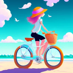 A girl is riding a bicycle on the beach. His cat is sitting in the front basket of the bicycle. Spring flowers can be seen everywhere. Beautiful blue sky with white clouds - kites in the sky. sense of peace. digital art, anime, 8k, full details, colorful, high resolution