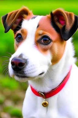 I’m a Jack Russell terrier. I-shaped patches, even a giant heart-shaped one. I’ve got short fur, short tail – and loud! My left ear is like an elf ear that is pointy, but the tips are folded down. The right ear is always pointed up like an elf’s ear. in a drawing