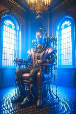 portrait of cyborg robot holding lotsa phones octopus chatbot smoking a sigar on a throne in medieval castle, smoke, 4k, downlight, soft light, depth of field, photorealism