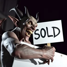 A realistic ghoulish laughing devil leaning forward at an angle as if over someone's shoulder, facing right, holding a large sign that says "SOLD" in clear letters. No humans, no extra subjects, cinematic horror lighting.