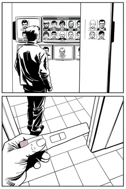 uncolored comic book page: top panel(man on his way out the door walks past a display of televisions on which a bulletin of wanted criminals mugshots appears, higher over the shoulder camera perspective), bottom panel(pov a woman's hand holding a pregnancy test that shows a positive result, tile floor below), panels divided at an angle