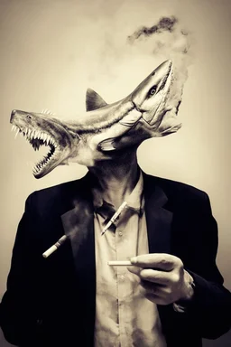 man with catfish shark head smoking a cigarrette in the style of banksy