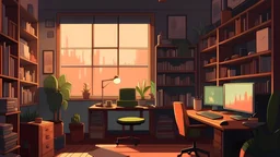 a lofi style art representing a tidy and cozy office with dark and warm colors