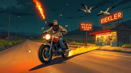 The kebab man driving fast on his holy motorcycle, fire from the exhaust, holy widescreen picture, holy empty road on the holy country at night, comic style, no helmet and he have a long holy black beard, neon kebab signs along the road, jesus stand at his market stand selling holy kebabs, simon stålenhag style, flying goose kebab