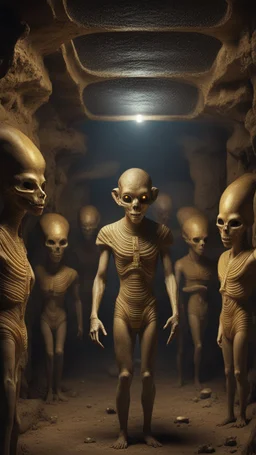 Hyper Realistic aliens inside Egyptian catacombs with lots of gold at dark night