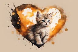 double exposure, merged layers, kitten with dynamically blazing fire in ochre, ink splatter art, watercolor and ink, golden glitters, double exposure heart and love