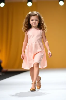 2 years old baby girl fashion model with high heels ,curvy wavy hair ,cat walks in runway