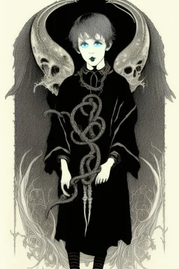 7 year old boy, necromancer, friendly, looks dead,with a lamprey serpent , wearing black robes, in the style of Harry Clarke