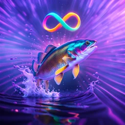 infinity symbol ∞ with vibrant powerful fish jumping out of the water, striking, neon, chiaroscuro, dramatic, captivating, powerful, fantasy, beautiful, octane render, 16k post-production, artstation: award-winning: atmospheric: commanding: fantastical: clarity: ultra quality: striking: brilliance: stunning colors: amazing depth; lens: f/11, 35mm