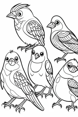 coloring page for kids, birds , cartoon style, thick outline, low details, no shading, no color