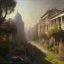 Large view Skyline, garden rooftops, Uphill roads, street with trees , mediterranean Metropolis , Vignola classicism architecture, palladio,, by Jeremy mann, John atkinson Grimshaw," "white Beaux Arts architecture , genoa, naples, porto,Rome, Buenos Aires,Madrid,Marseilles by Jeremy mann"