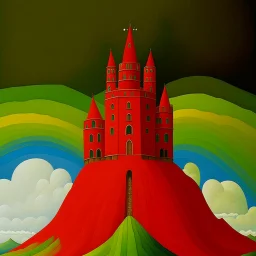 A red castle in the sky with rainbows designed in Maori sculptures painted by John Brack