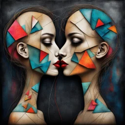 Whimsical kissing: This strange asymmetric abnormal kissable beautylady has a head that looks like a triangle, a square and a circle sewn together with cords. Colorful abstract art, mixed media. Disturbing, turpistic, dark. Scratches. Kissing background.