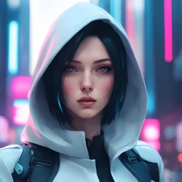 create a woman with a hood on her head, cyberpunk art by Maciej Kuciara, cgsociety, computer art, anime aesthetic, futuristic, ilya kuvshinov 8k