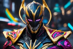 Jhin venom in 8k live action artstyle, mask, wapen, full body, neon lights, intricate details, highly detailed, high details, detailed portrait, masterpiece,ultra detailed, ultra quality