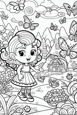 coloring pages for kids, Texto " Lisbeth Del Valle " en alta definición, caracterizado al estilo de Cute hello kitty, halloween y flores, ilustración, mariposas,renderizado 3d, vibrante, 3d render, typography, cartoon style, thick lines, low detail, black and white, no shading, --ar 85:110