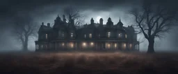 Hyper Realistic Haunted Dark Mansion between a Field with dry old tree at heavy foggy night