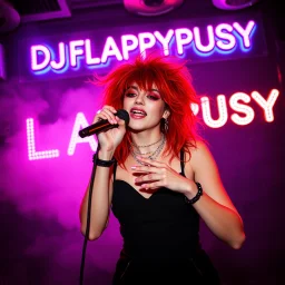 A MJ performing at dance club, her name MJ FLAPYPUSY and looks crazy, crazy red hair with black dress. Neon lights and smog, DJ FLAPYPUSY SIGN ON WALL