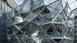 Un edificio de experimentación espacial donde fachadas inclinadas y planos triangulares se ensamblan en una red de intersecciones que desafía la estabilidad visual. El vidrio recorre la estructura, ofreciendo una lectura simultánea de exteriores, interiores fragmentados, escaleras suspendidas y reflejos que multiplican la geometría. La composición alterna volúmenes macizos con vacíos estratégicos, unidos por detalles lineales finos que contrastan con grandes superficies tensas. Una paleta de tur