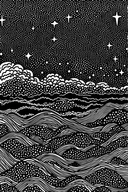 Night sky in the style of Hokusai, black and white