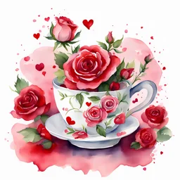 Watercolor Valentine Teacup with red roses inside and white background