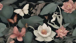 Floral composition of Jade Vine, ghost orchid, Lotus, Camellia japonica, Banksia, Dicentra Formosa, assorted leaves, and butterflies on a dark background