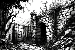 black and white lineart, closeup of an old crumbling stone wall, overgrown with mosses, leaves, brushes, gnarly trees, tree roots, stones and rubble, created in and watercolor, highly detailed, gritty textures, grafik novel style of bill sienkiewicz