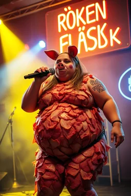 a very fat swedish girl, with skin colored ski mask called "Fröken Fläsk" performing at dance club, her name is "Fröken Fläsk" piglets On stage, yellow Neon lights and smog, and "FRÖKEN FLÄSK" big sign on the wall, she is covered all the body with pork slices, bacon all over her, singing with mike
