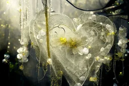 double exposure, garter flowers strung on wire with pearls and gems, heart and love, double exposure, merged layers, silver and gold tin foil, waterfall, in sunshine on a lace blanket