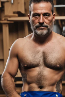 man 50 years old muscular chubby italian carpenter, in tank top , manly chest, tattoo, short beard, with overalls, in a wood shop, 35mm lens, photorealistic , side light