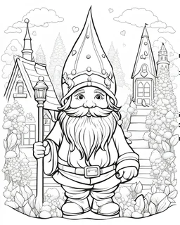 B/W outline art,coloring book page, full white, super detailed illustration for adult,"Love Stories of Gnome in a World of Colors", crisp line, line art, high resolution,cartoon style, smooth, law details, no shading, no fill, white background, clean line art,law background details, Sketch style.