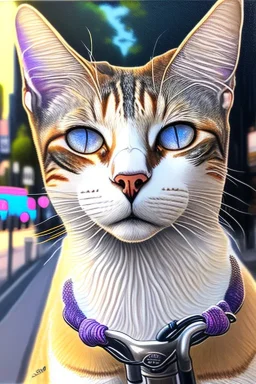 One single mature street cat, friendly, riding on a bike , sunny day, perfect iris, perfect eyes, model style, hyper realistic, extremely accurate, delicate, extremely detailed, Graphic novel style, colours, wide-angle, open aperture, superfine pencil