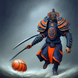 a fierce warrior in full navy blue and orange battle armor, with an S shaped shield, holding a basketball, a highly detailed illustration, background of Inka jungle, realistic render, 8 k, micro detail, intricate, elegant, centered, digital painting, Artstation, smooth, sharp focus, illustration, artgerm, tomasz alen kopera, peter mohrbacher, donato giancola, joseph christian leyendecker, wlop, boris vallejo