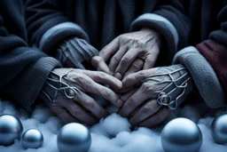 close up photo of several interlocking perfect male and female and child and old human hands holding each other, winter, sharp focus, cold deep colors, gloomy, cinematic, little pale warm lights balls in background,, cold, high realistic, sad mood, perfect shot, perfect composition