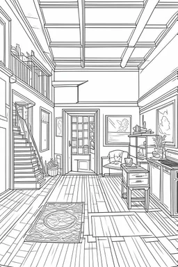 Outline art, House interior design, cartoon style, thick lines, low details, --ar 9:11