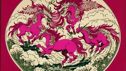 A purplish magenta dominion with winged unicorns designed in African pottery painted by Katsushika Hokusai